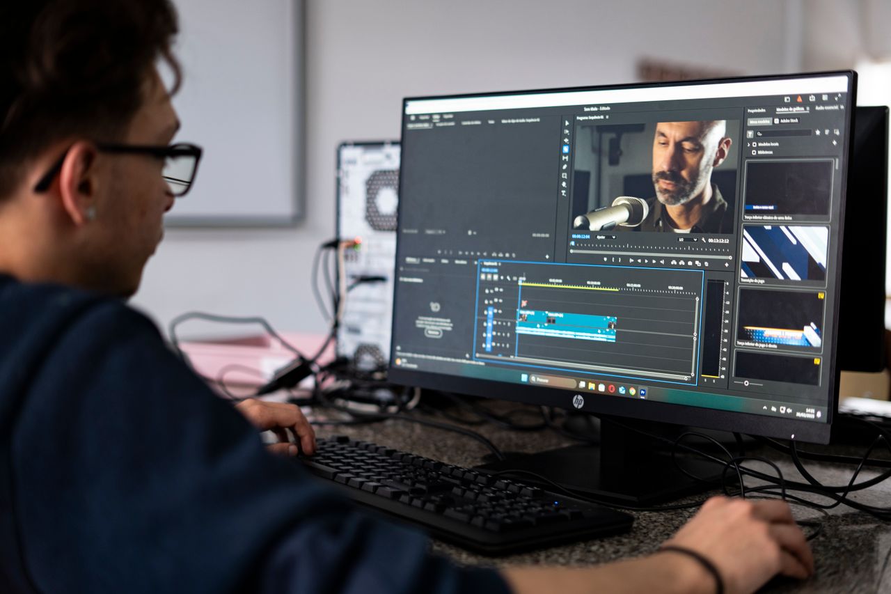 محرر فيديو يعمل داخل مؤتمر على مونتاج ريلز وتسليم محتوى سريع