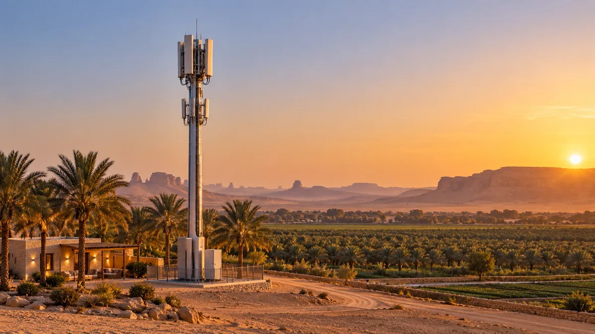 برج اتصالات 5G حديث بجوار مزرعة في الصحراء السعودية وقت الغروب