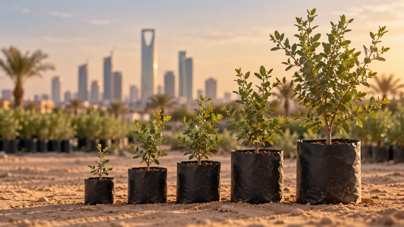 شتلات سدر بأحجام متدرجة مرتبة داخل مشتل