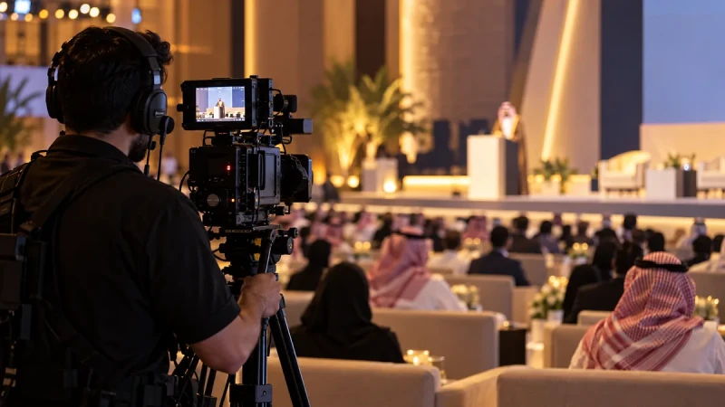 مصور فيديو يوثق مؤتمرًا في الرياض بكاميرا بث احترافية
